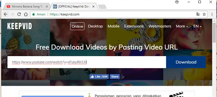 buka situs keepvid.com dan pastekan alamat url video